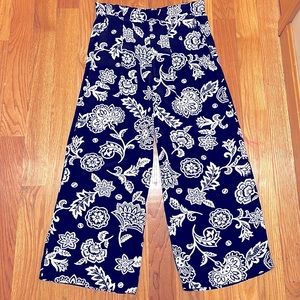 Vintage Tapestry Designs Boho Navy Blue & Ivory Wide Leg Floral Palazzo Pants